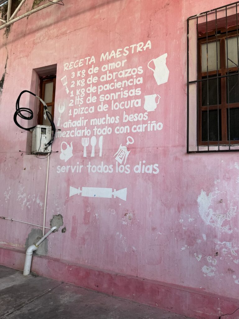 Wall in Tixkokob
Master Recipe
3 kg of love
2 kg of hugs
1 kg of patience
2 liters of smiles
1 pinch of madness
Add many kisses
Mix it all with affection
Serve every day.